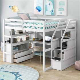 Full Size Loft Bed with Desk and Shelves, Two Built-in Drawers, Storage Staircase, White Full Size Loft Bed with Desk and Shelves, Two Built-in Drawers, Storage Staircase, White
